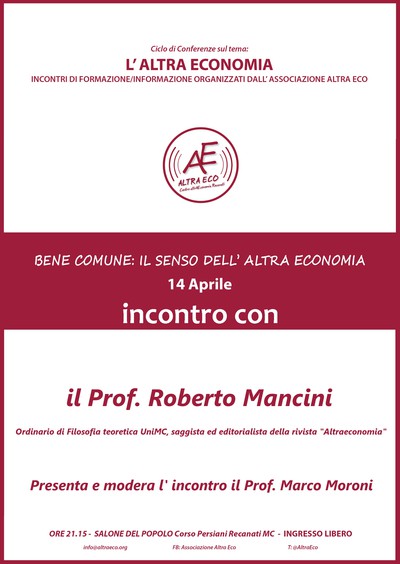 Il professor Roberto Mancini ospite di Altra Eco al Salone del Popolo di Recanati