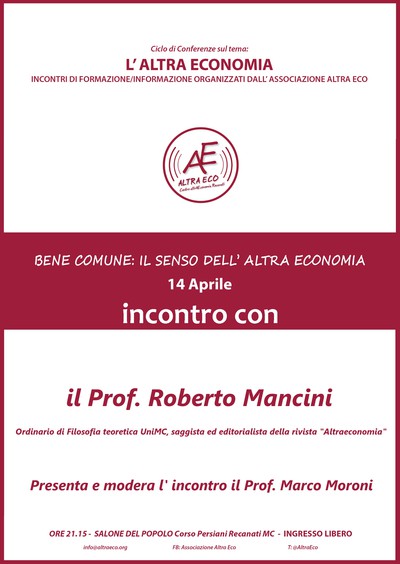 Il professor Roberto Mancini ospite di Altra Eco al Salone del Popolo di Recanati