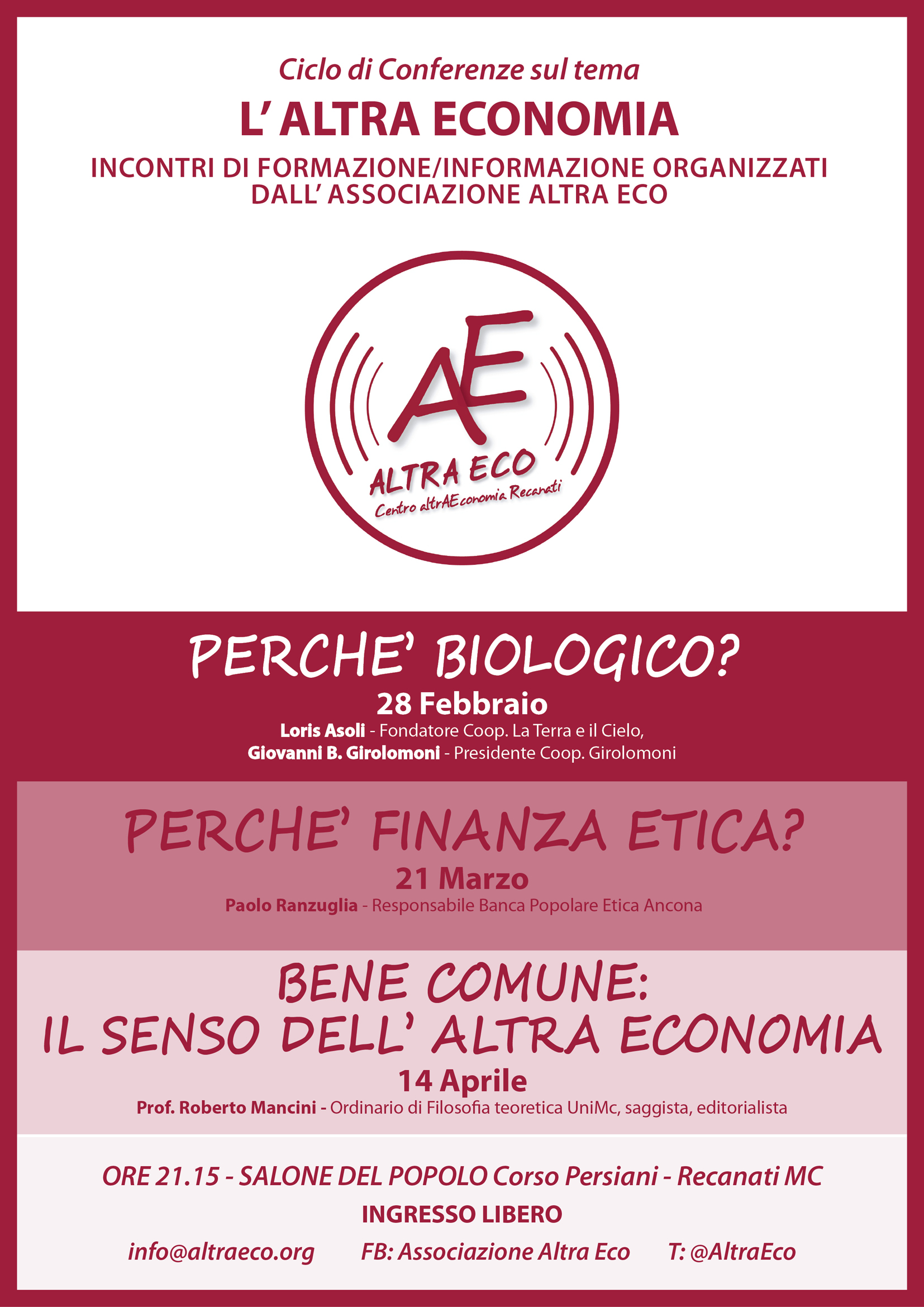 Il programma del ciclo di conferenze organizzato dall'Associazione Altra Eco sul tema dell'Economia Solidale presso il Salone del Popolo di Recanati