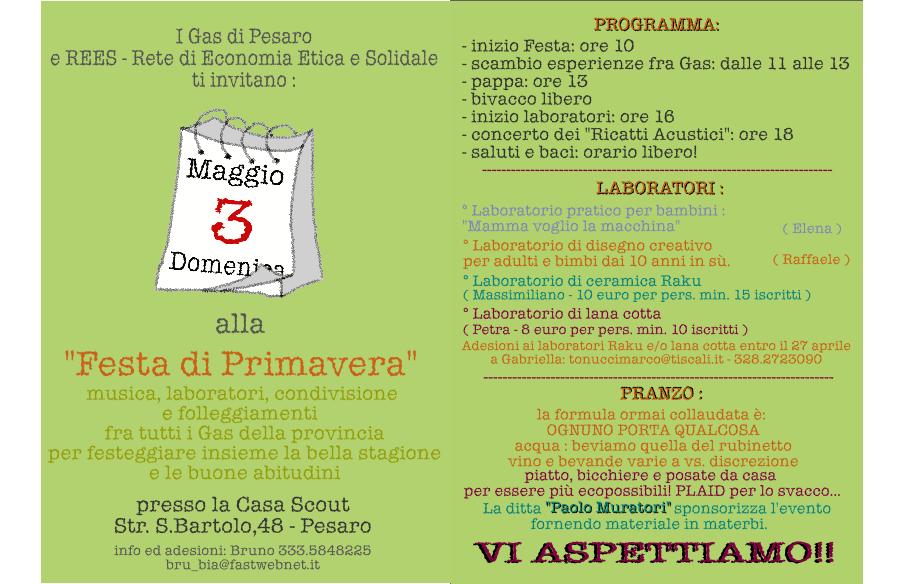 Volantino della 1° festa Provinciale  dei Gas di Pesaro e Urbino